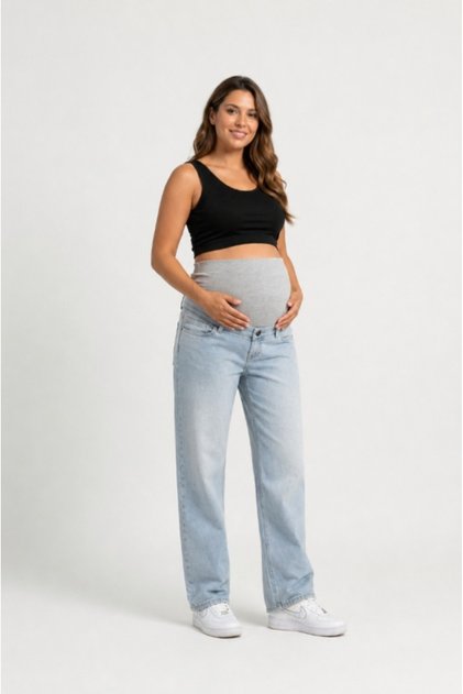 Baggy Jean Maternity Pants with Adjustable Waistband Design and Flexible Waistband