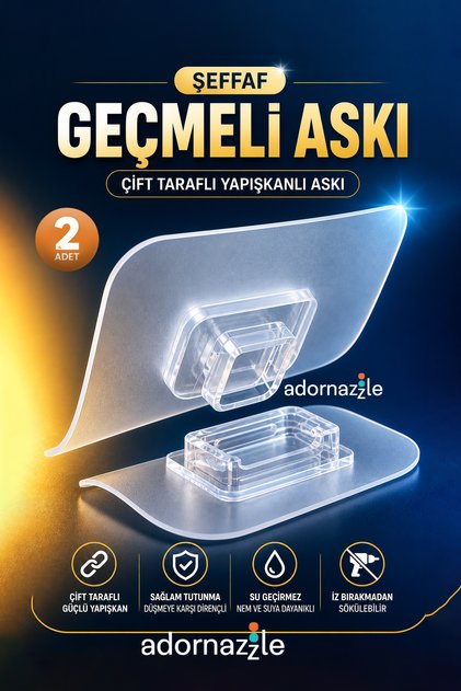 2 Adet Çift Taraflı Geçmeli Yapışkanlı Askı, Geçmeli Şeffaf Eşya Sabitleme Aparatı, Delmeden Vidasız Geçmeli Klips