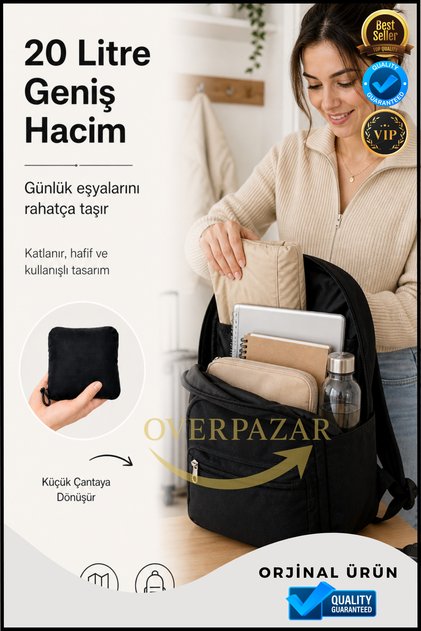 Foldable Backpack 20 Liter Black Lightweight Daily Travel and School Bag