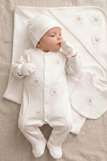 Baby Girl Flower Embroidered 100% Cotton Jumpsuit Set 5-Piece Newborn Hospital Release Zibin Set Boxed