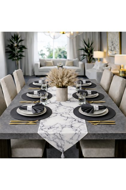 American Service Set, New Season, 6 Black Supla Plates, 6 Black Napkins, 6 Napkin Rings and Runner Cover White Marble Tk