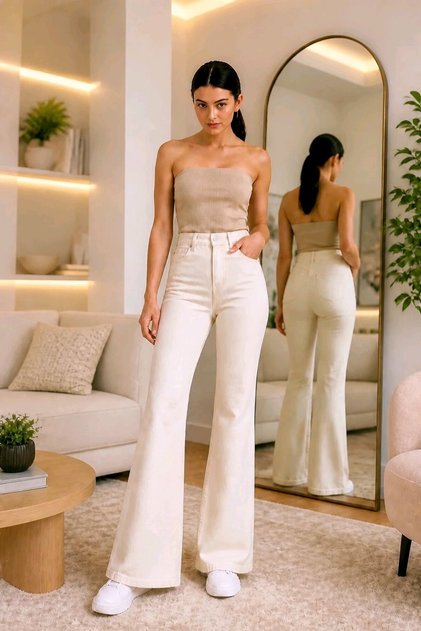 Terasa Bej Likralı Yüksek Bel Ispanyol Jeans Pantolon
