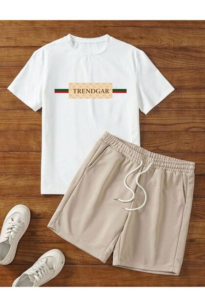 White T-Shirt with White Print Detail and Beige Shorts Top and Bottom Set