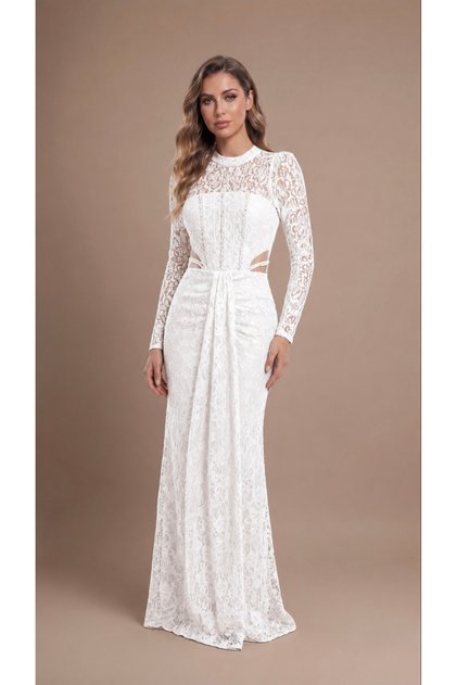 Uzun Kollu Göğsü ve Beli Boncuk Detaylı Dantel Nikah Elbisesi Abiyesi