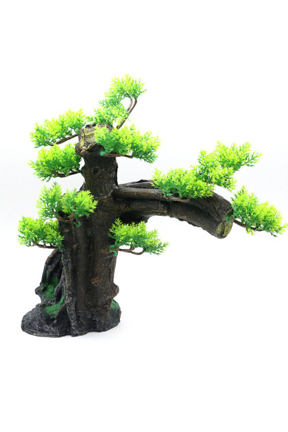 Ornament din rasina pentru acvariu, bonsai decorativ cu plante artificiale si pestera, 26 cm, stabil, non-toxic
