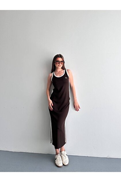 Lcs Modal Fabric Brown Dress with Striped Sides and Slits