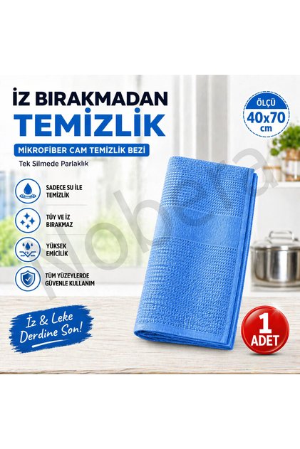 Mikrofiber Cam Bezi 1 ADET 40X70– İz Bırakmayan Cam & Yüzey Temizlik Bezi (Mavi)