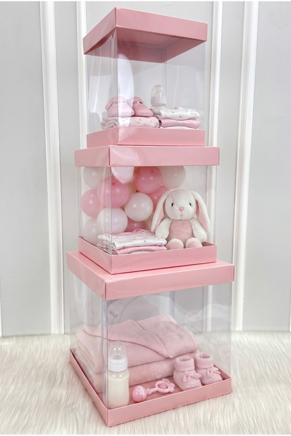 Asetat Kutu, Bebe Pembe 3'lü Set, Şeffaf Katlanabilir Demonte, Doğum Hediye Baby Shower Bebek Cinsiyet Parti