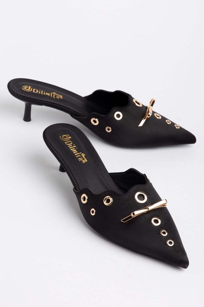 Women's Thin Heeled Slippers Black Closed Toe Pointed Metal Trim