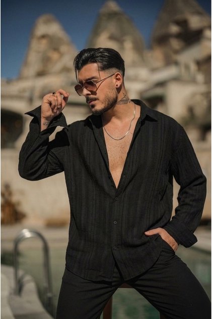 Patterned Muslin Oversize Shirt Black