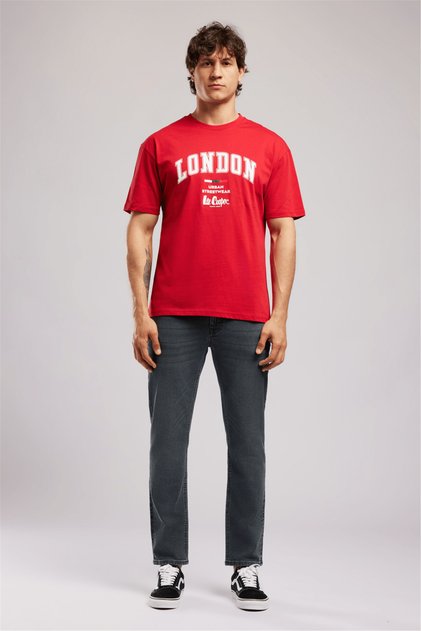 Cliff Men's Loose 100% Cotton Printed Crew Neck T-Shirt Red