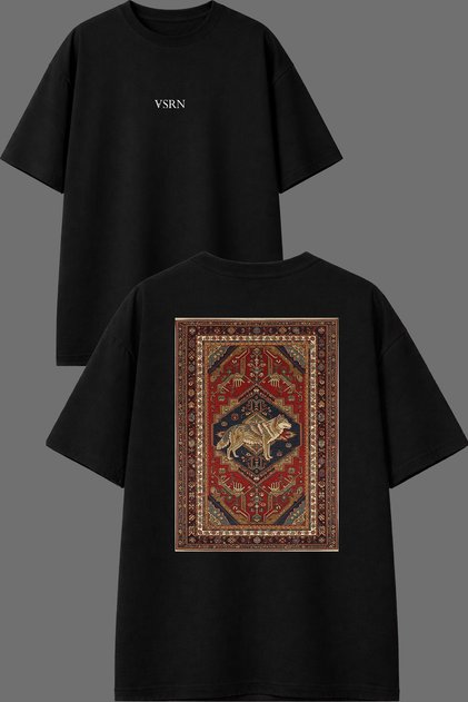 Wolf Detailed Carpet Design Front and Back Printed Black Oversize T-Shirt