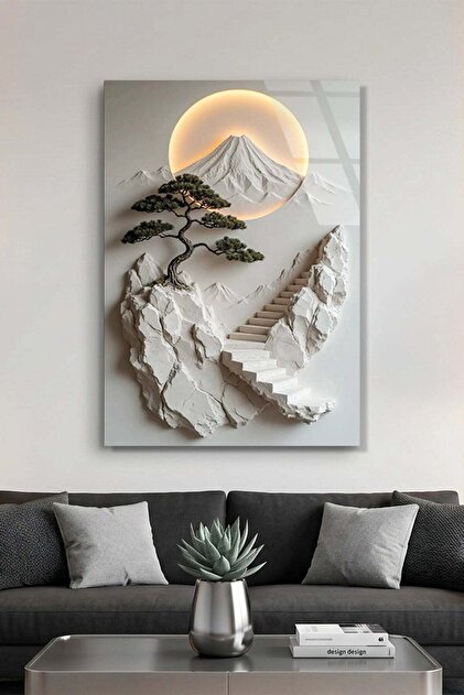 Minimalist Uzak Doğu Temalı Fuji Dağı ve Merdivenler Cam Tablo