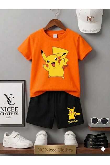 Summer Children's T-Shirt Shorts Unisex (Pikaqiu Print on the Cuffs)