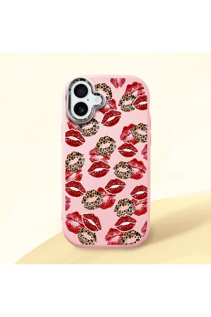 iPhone 16 Plus Compatible Case with Camera Protector Pink Silicone Couple Phone Case with Kiss Pattern