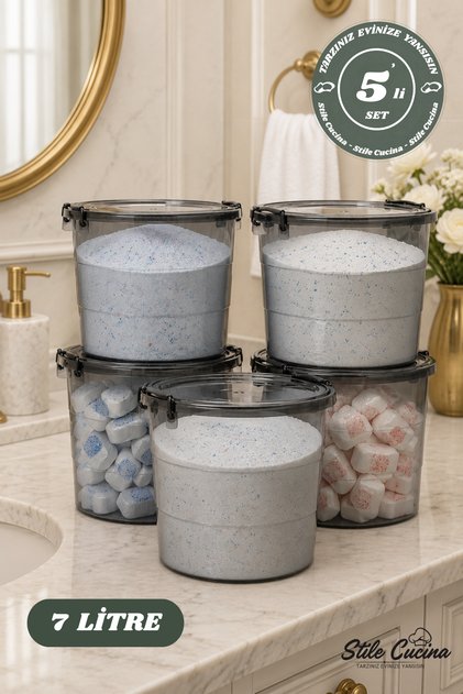 5-Piece Mega Size Detergent Storage Container – Tablets and Powder Detergent, Food, and Grain Set 7 Liters