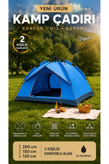 Çadır Tam Otomatik Kamp Çadırı 2 Kişilik 200x150 cm 3 Saniyede Kurulum Su Geçirmez Geniş Çadır Outdoor