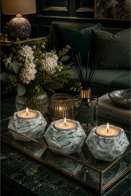 3’lü El Yapımı Beton Mumluk & Şamdan Seti (Tealight Mumlar Dahil) | Hediyelik Dekorasyon Seti