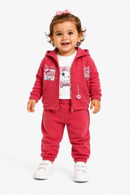 Baby Girl 3-Piece Set Hooded Zippered Cardigan Body Pants Tracksuit Set