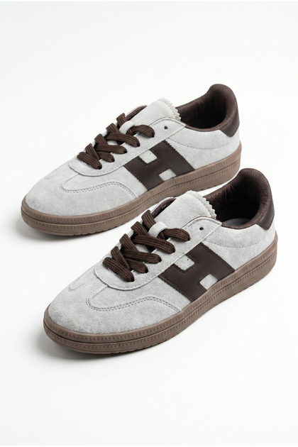 Kadın Gri Süet Desenli Bağcıklı Retro Günlük Yürüyüş Sneaker Spor Ayakkabı TE03