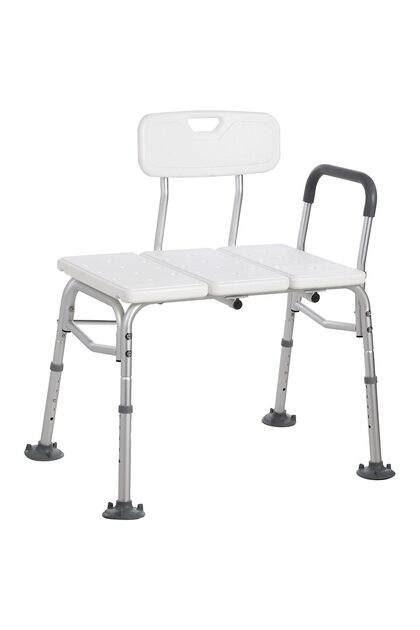 Bathtub transfer bench and shower chair with non-slip aluminum body, shower chair with padded backrest and armrests, adjustable seat height, supports up to 300 lbs