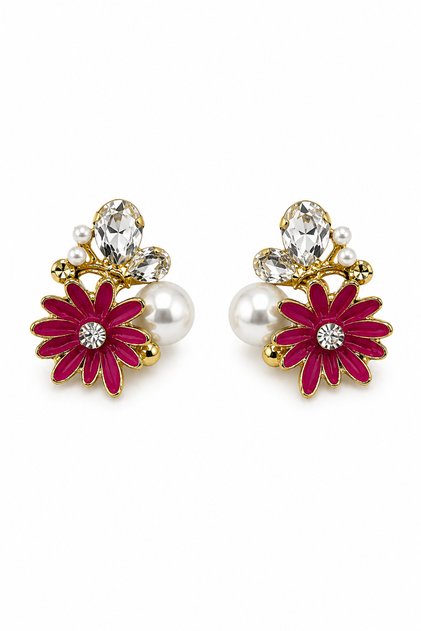 Women's Yellow Steel Enamel Flower and Pearl Detailed Stylish Earrings