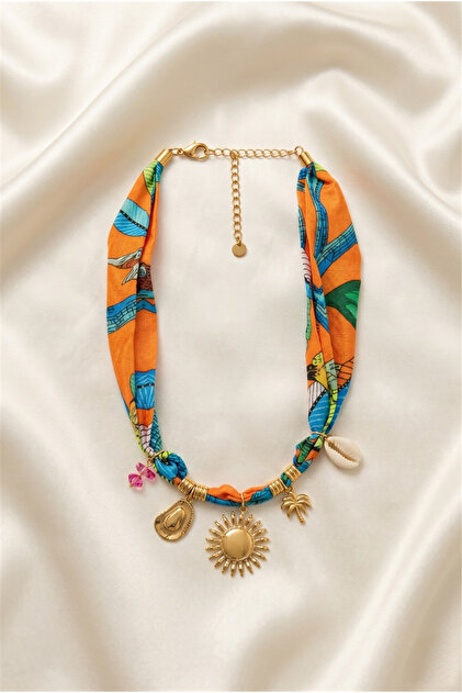 Orange Scarf Detailed Sun Figured Gold Color Steel Necklace