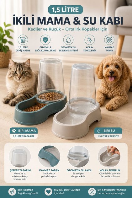 1,5 Litre Otomatik Hazneli Kedi Köpek Mama ve Su Kabı – Büyük Kapasiteli Besleme Kabı