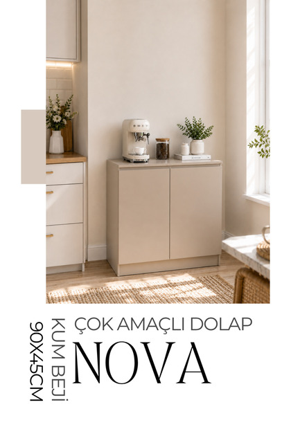 Nova 90x45 Çok Amaçlı Mutfak Dolabı Kahve Köşesi Dolabı 2 Kapaklı Modern Konsol Depolama Ünitesi Kum Beji