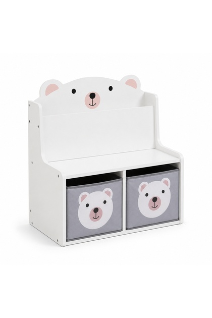 Bancuta Pentru Copii Cu Spatiu De Depozitare Pentru Jucarii Si Carti, Bancuta Organizator Cu Design Ursulet Pentru Camera Copilului, Mobilier Pentru Depozitare Jucarii Si Carti, Solutie Practica Pentr