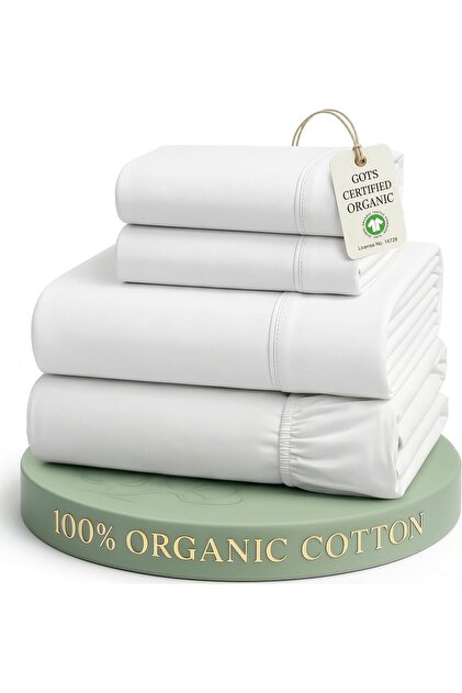 100% Organic Cotton Pure White King-Sheets Set 4-Piece Percale Weave Bedding Sheets for Bed Breathable Fits Mattress Upto 15" Deep