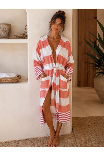 Peshtemal Bathrobe - Cotton - Hooded - Salmon Colored Stripes