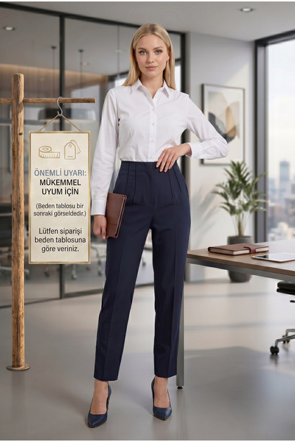 Kadın Lacivert Yüksek Bel Pensli Premium Kalite Bilek Boy Kalem Ofis Pantolon