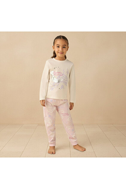 Cotton Crew Neck Long Sleeves Pyjama Set with Ramadan Mubarak Print