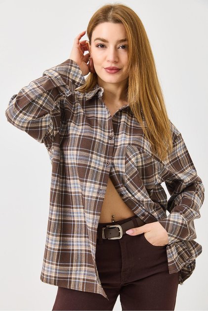 Women's Soft Textured Plaid Shirt Brown