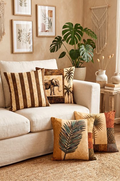 African Elephant and Leaves Patterned 4-Piece Throw Pillow Cover Set