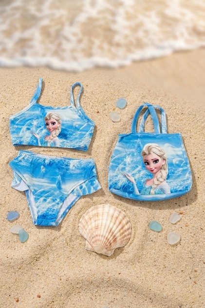 Girl's Three-Piece Blue Character Patterned Swimsuit Bikini Set with Bag