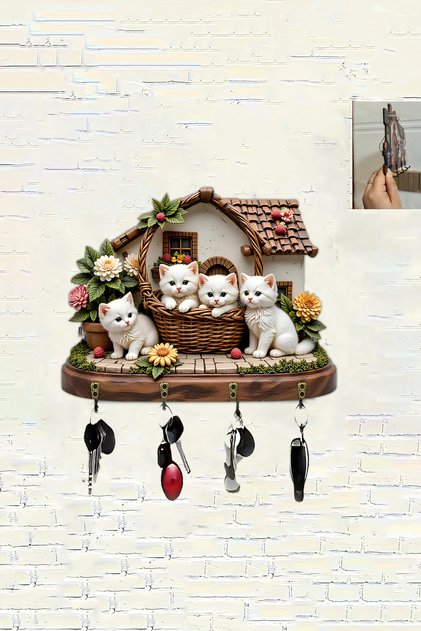 3D Görünümlü UV Baskılı Dekoratif Anahtarlık Askılığı – Kedi Temalı Ahşap Duvar Anahtarlığı 30x18 Cm AGD031