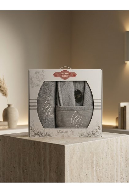 Cotton Paris 100% Cotton Embroidered Luxury Single Bathrobe Set 4 Pieces - Gray Drop Pattern
