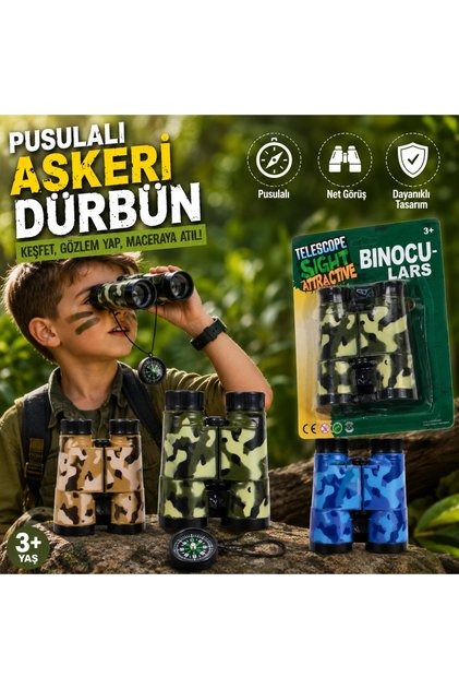 Pusulalı Askeri Oyuncak Dürbün 1 Adet Kamuflaj Desenli Keşif ve Macera Dürbünü
