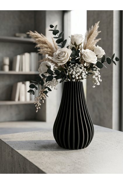 Vază decorativă Striata, vază estetică pentru flori artificiale și pampa, cadou pentru casă, vază din plastic - Negru - 20 cm
