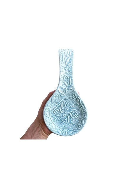 El Yapımı Seramik Buz Mavi Kaşıklık Lale Desenli Kepçelik Spatulalık Dekoratif Mutfak Tezgahüstü Kaşık Altlığı, Ev Hediyesi