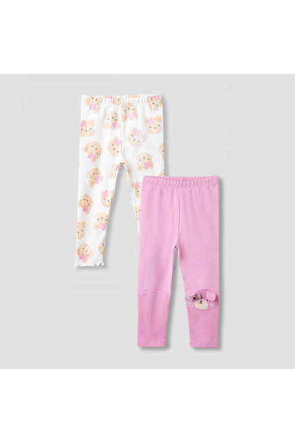 Girls Leggings with Bear Print - Cotton - Elasticated Waist - Set of 2
