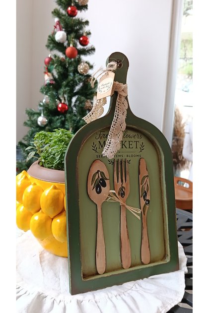 El boyaması Zeytin Temalı Ahşap Mutfak Panosu
