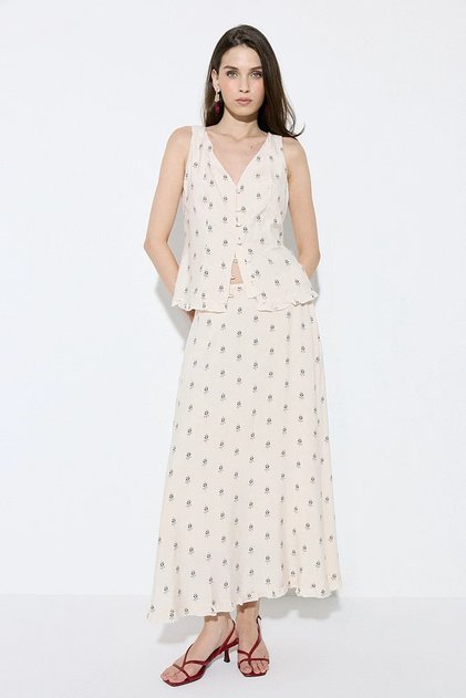 Viscose Patterned Long Skirt - Beige