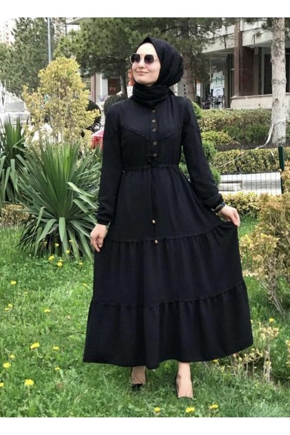Kadın Düğmeli Dantel Detaylı Beli Bağcıklı Ayrobin Siyah Elbise