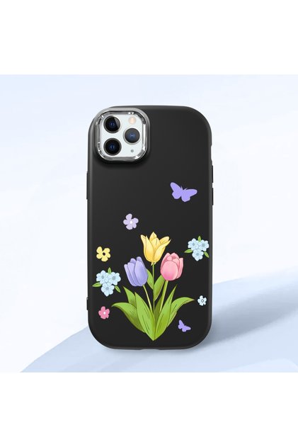 iPhone 11 Pro Max Compatible Case with Camera Protection Black Silicone Couple Phone Case with Floral Pattern