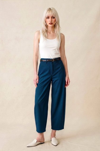 Kadın Pantolon Barrel Pantolon Kemerli Cloutte Pantolon Yüksek Bel Şık Boyfriend Geniş Paça Bej Kumaş Pantolon Pamuk