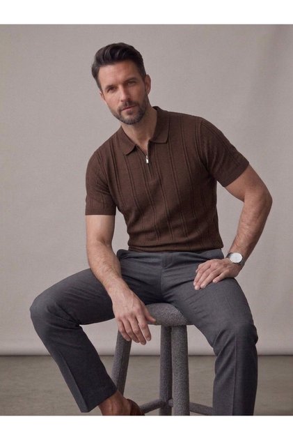Erkek Triko T-Shirt Fermuarlı Polo Yaka Slim Fit Kısa Kollu