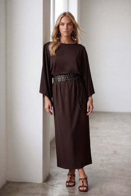 Women's brown batwing sleeve ruched waist belted dress alc-x15525